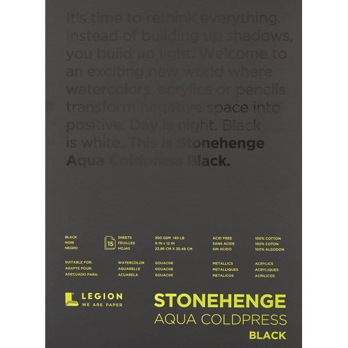 Stonehenge Legion Aqua Watercolor Pad, 140lb, Cold Press, 9 by 12 Inches, Black Paper, 15 Sheets, Count
