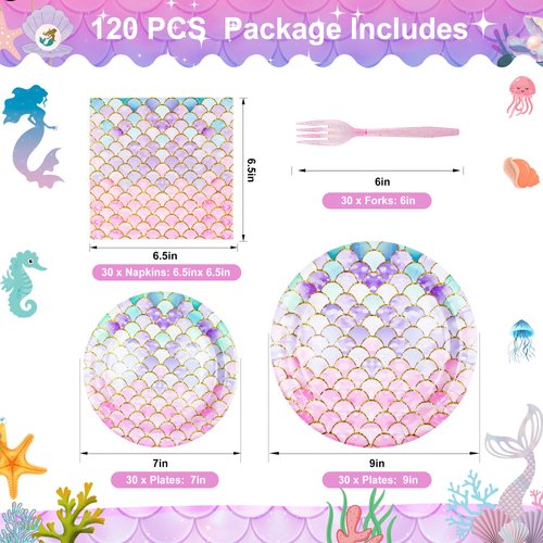 LMJUNZZ 120 Pieces Mermaid Scale Birthday Party Tableware Set - Includes Plates, Napkins, Forks - Ocean Themed Decorations for Girls Party - Ideal for 30 People