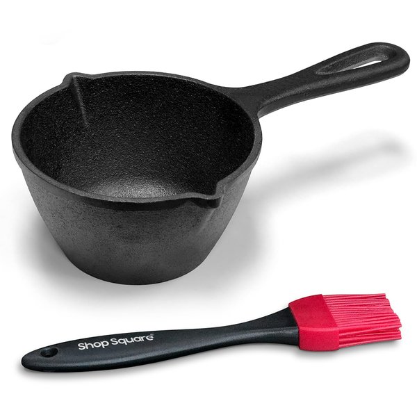 Cast Iron Basting Pot and Silicone BBQ Brush - BBQ Basting Set with Saucepan and Brush for Meat Smoker, Grill and Stove - BBQ Meat Smoker Accessories Gift for Men, 15 Oz