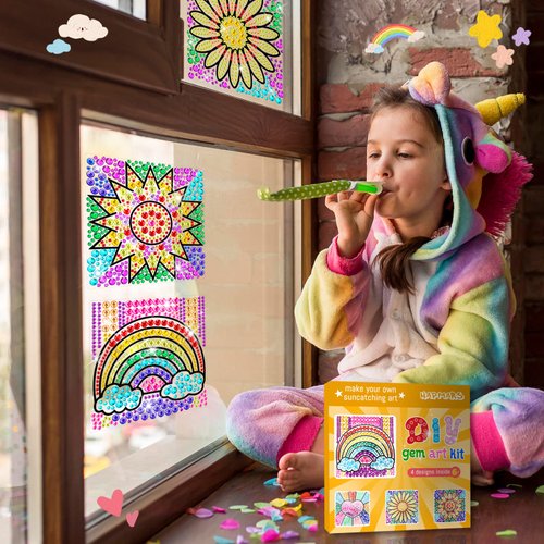 HAPMARS 4 pcs Window Art Suncatcher Kits for Kids Crafts Ages 6-8, Fun Arts and Crafts for Girls Ages 8-12, Creative Activity DIY Toys, Birthday Gifts for 7 Year Old Girl(Rainbow)