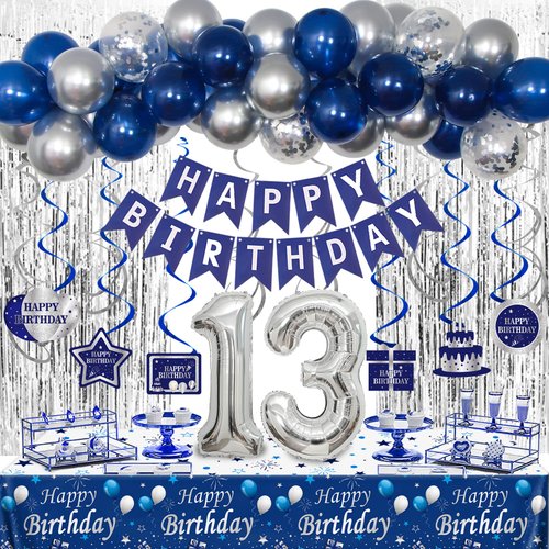 13th Birthday Decorations for Boys and Girls Blue Silver, Happy 13th Birthday Decorations Banner Birthday Balloons Number 13 Tablecloth Fringe Curtains Hanging Swirls, 13 Years Old Bday Party Supplies
