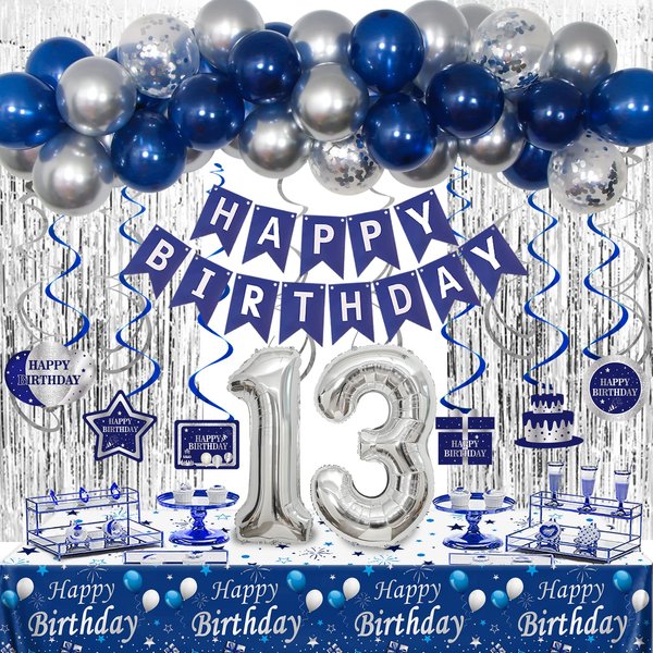 13th Birthday Decorations for Boys and Girls Blue Silver, Happy 13th Birthday Decorations Banner Birthday Balloons Number 13 Tablecloth Fringe Curtains Hanging Swirls, 13 Years Old Bday Party Supplies
