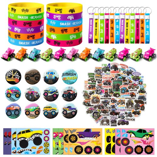 ANGOLIO 110Pcs Monster Truck Party Favors Kits, Favors All-in-One Pack Party Supplies Include Monster Truck Stickers Keychain Bracelet Badge Car Face Stickers for Boys Kids Birthday Party Supplies