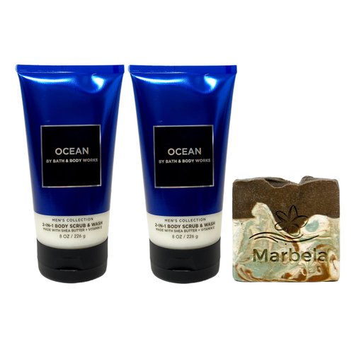 Bath & Body Works Men's Collection Ocean 2 Pack 2-in-1 Body Scrub & Wash Gift Set with a Cabin Spice Bar Soap - Full Size
