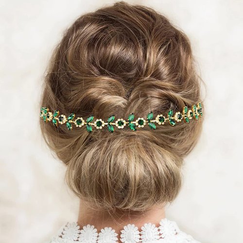 PrettyLife Green Crystal Bridal Headpiece Rhinestone Wedding Headband Gold Hair Accessories for Bride Women (Green)