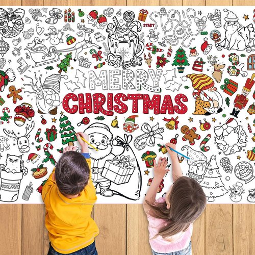 Quimoy Xmas Giant Coloring Tablecloth 43 x 31 Inches, Christmas Giant Coloring Poster/Banner, Christmas Activities for Kids School Classroom Home Party Supplies