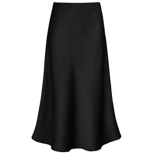 Women's Satin High Waist Hidden Elasticized Waistband Flared Casual A Line Midi Skirt Black