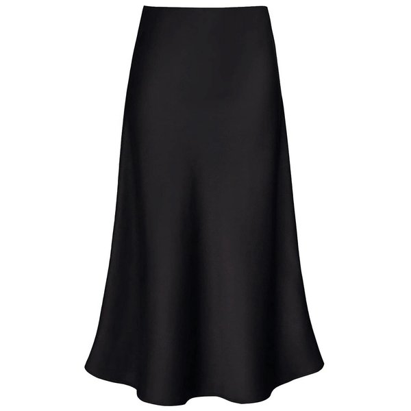 Women's Satin High Waist Hidden Elasticized Waistband Flared Casual A Line Midi Skirt Black