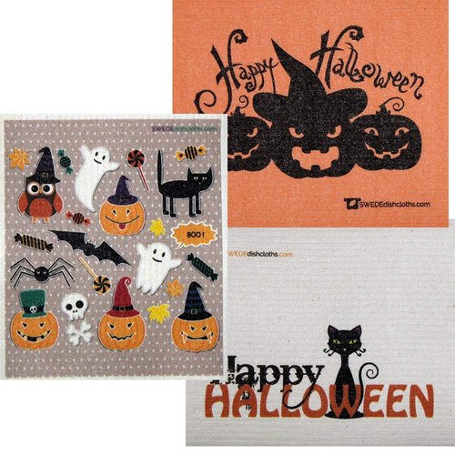 Halloween Trio A Set of 3 cloths (one of each design) Swedish Dishcloths | ECO Friendly Absorbent Cleaning Cloth | Reusable Cleaning Wipes
