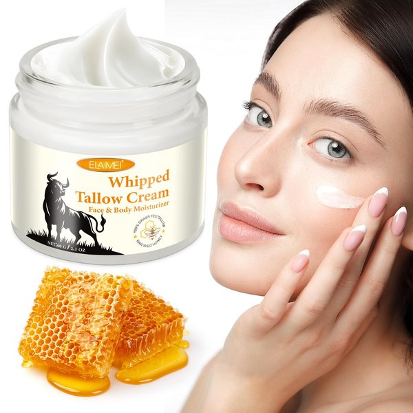 Beef Tallow for Skin, Moisturizer Cream for Skin Care, Nourishing and Hydrating Skin, Tallow and Honey Balm, Natural Lotion Whipped Beef Tallow Cream for Face & Body Sensitive, Cracked, Dry Skin