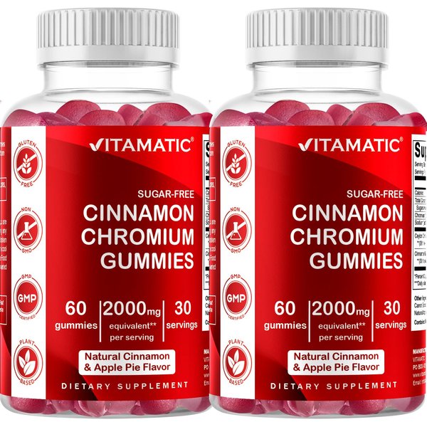 Vitamatic Sugar-Free Chromium Gummies with Ceylon Cinnamon – 2000 mg Equivalent Per Serving (from Extract 83 mg) – Non-GMO, Gluten-Free – 60 Vegan Gummies – 2 Pack