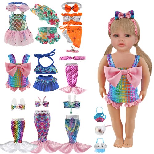 18 Inch Doll Clothes and Accessories - 9 Set Including 5 Set Bathing Suit Swimsuit and 4 Set Classic Mermaid Shinning Dress Outfits Bikini Hat with Handbag for Gifts Birthday Christmas