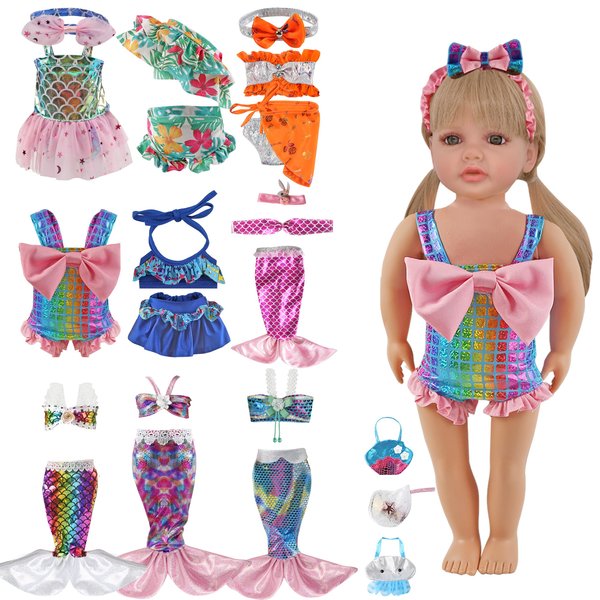 18 Inch Doll Clothes and Accessories - 9 Set Including 5 Set Bathing Suit Swimsuit and 4 Set Classic Mermaid Shinning Dress Outfits Bikini Hat with Handbag for Gifts Birthday Christmas