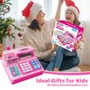 BAODLON Pretend Play Calculator Cash Register - 73 Pcs Pink Toy Cash Register, Microphone, Credit Card and Banking for Kids, Early Math Skills Toys Gifts for 3, 4, 5, 6 7 8+ Years Old Boys Girls