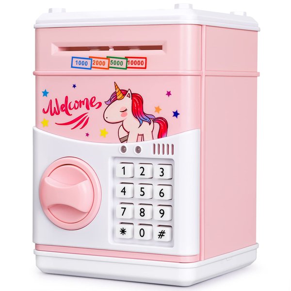 KMiKE Electronic Unicorn Piggy Bank for Kids Cash Cartoon ATM Money Saver Bank for Kids with Password & Music Great Gift Toy for Kids Children (Pink Unicorn)