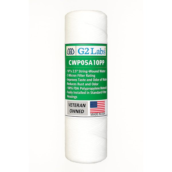 G2 Labs CWP05A10PP Polypropylene String Wound Water Filter; 10" Long, 5 Microns. Used in housings for removing sediment and contaminants in water, other liqiuids. 10"L x 2.5"D, 5 Microns.