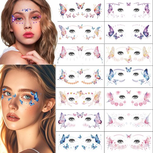 20 Sheets Butterfly Temporary Tattoo Stickers Colorful Face Eye Stickers Waterproof Glittering Music Festival Stage Birthday Party Makeup Body Art Decoration