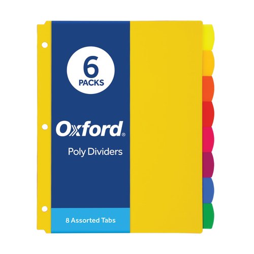 Oxford Plastic Binder Dividers for 3 Ring Binder, 8 Tab, Multicolor Tabs, 3 Hole Punched, Letter Size, 6 Sets (89601)