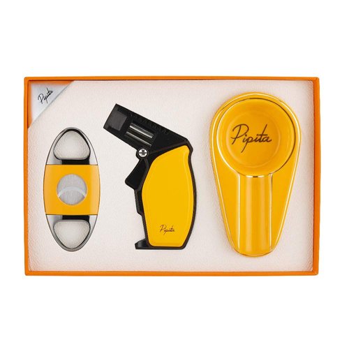 PIPITA Cigar Gift Set (3pcs/Set),Torch Lighter and Cigar Cutter and Ceramic Ashtray, Adjustable Jet Single Flame Butane Lighter Packing with Nice Gift Box