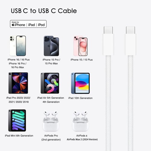 Airpods Pro 2nd Gen Charger, 20W USB C New Airpods 4 Charging Cord, USB C to USB C Woven Cable for AirPods Max 2 (2024), AirPods Pro (2nd Gen) Wireless Earbuds,iPhone 15/16 Charging Cord Power Adapter