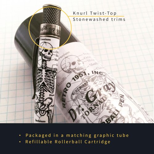 Retro 1951 Tornado™ Vintage Metalsmith Dr. Gray Skeleton Rollerball Pen - Glow-in-the-Dark, Antique Silver Accents, Preloaded Black Ink Cartridge Skull Pens for Anatomy Enthusiasts