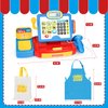 Cash Register Toy for Kids with Real Calculator, Cashier Register with Scanner/Weighter/Credit Card/ Play Money/ Food/Microphone, Pretend Play Store with Apron and Shoping Bag for Kids 4-8