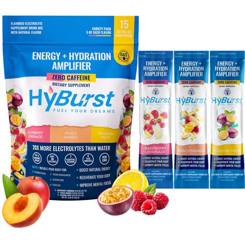 Hyburst Energy + Hydration Amplifier — Multivitamin Electrolytes Powder Packets — Vitamin D3 K2 — B6 B12 Vitamins Complex — L-Theanine Caffeine Free Energy Drink Powder — 15 Hydration Packets