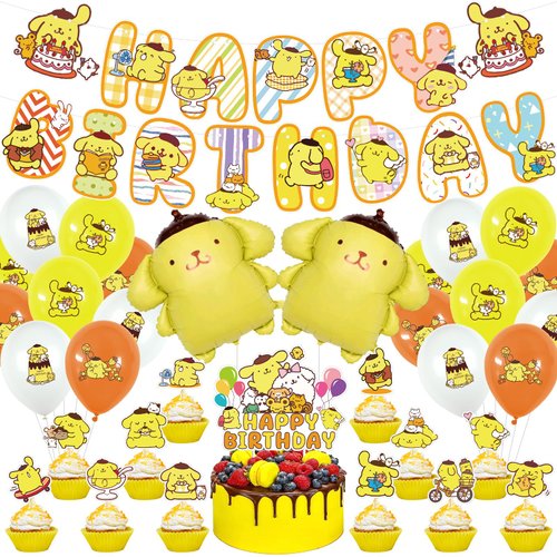 Pompompurin Birthday Party Supplies, Pompompurin Party Including Cake Caps, Cupcake Caps, Flags, Latex Balloons, It is Very Suitable for Boy's and Girl Themed Birthday Party Supplies
