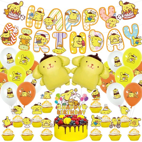 Pompompurin Birthday Party Supplies, Pompompurin Party Including Cake Caps, Cupcake Caps, Flags, Latex Balloons, It is Very Suitable for Boy's and Girl Themed Birthday Party Supplies