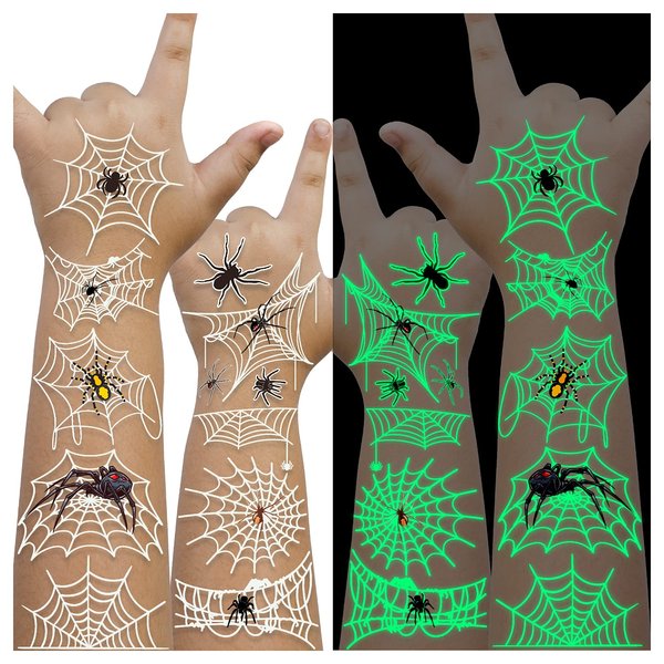 Cerlaza 10 Sheets Glow Spider Web Temporary Tattoos for Halloween Decorations, Fake Small Spider Tattoos for Halloween Party Games Favors Supplies, Halloween Treats for Adults Kids