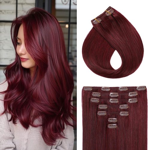YILITE Clip In Hair Extensions Real Human Hair 18inch 7pcs 80g/Pack Red Silky Remy Human Hair Double Weft Straight Burgundy Hair Extensions Real Human Hair Clip Ins Thick