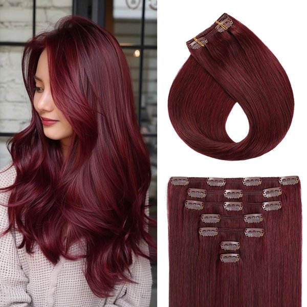 YILITE Clip In Hair Extensions Real Human Hair 18inch 7pcs 80g/Pack Red Silky Remy Human Hair Double Weft Straight Burgundy Hair Extensions Real Human Hair Clip Ins Thick