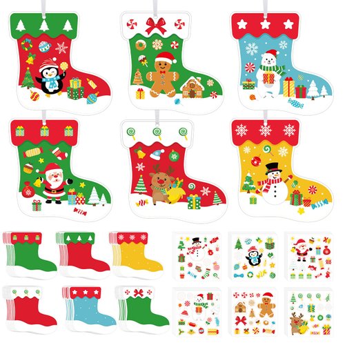 COCHIE 48Pcs DIY Christmas Craft Kits for Kids, Christmas Tree Stockings Ornaments Kit, Make Your Own Christmas Stockings Craft Xmas Party Decor DIY Stockings Cutouts for Holiday Handcraft Supplies
