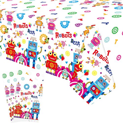 Lilwemen 3 Pieces Birthday Party Tablecloth Decorations, Robot Theme Party Tablecovers, Robot Party Supplies, Robot Birthday Party Table Cover for Boys Girls Kids