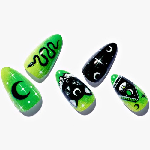 GLAMERMAID Green Press on Nails Medium Almond, Cartoon Cat Gel Glue on Nails Short Oval, Stiletto False Nail Kits with Gothic Snake Design, Short Oval Fake Nails Acrylic Stick on Nails for Women Gift