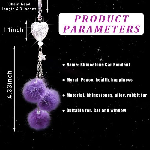 Dickno Bling Car Hanging Ornament, Cute Love Heart and Pink Plush Ball Rear View Mirror Pendant for Women Girls, Crystal Auto Rearview Mirror Charm Decor Accessories for All Vehicles (Purple)