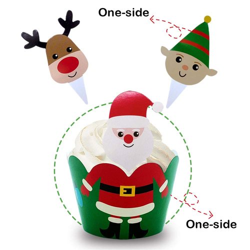 24 Pack Santa Deer Snowman Cupcake Toppers and Wrappers for Christmas Party Supplies(packingmaster)