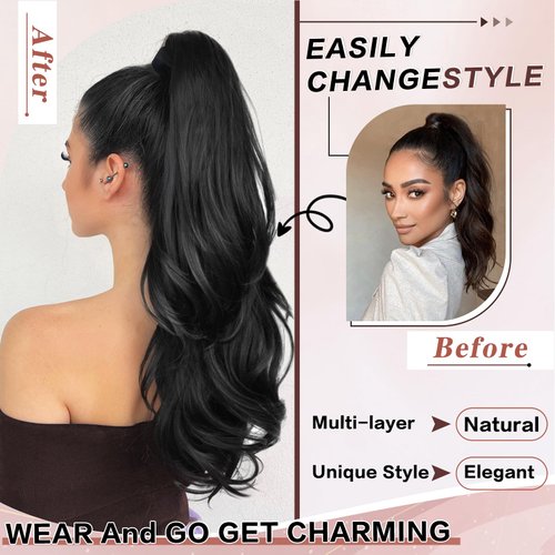 CHRSHN Ponytail Extension, 26 Inch Drawstring Ponytail Extension for Women Long Black Wavy Layered Pony Tails Hair Extensions Synthetic Clip in Ponytail Hairpiece for Women