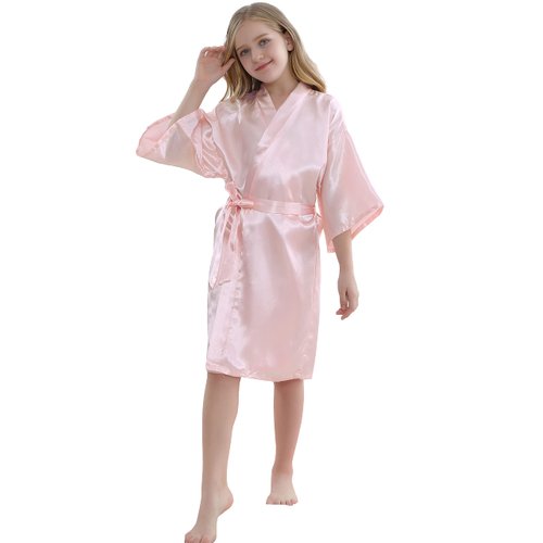 MORFORU Girls Kids Solid Color Silky Satin Kimono Robe for Wedding Spa Party, Short (Pink, Tag 10)
