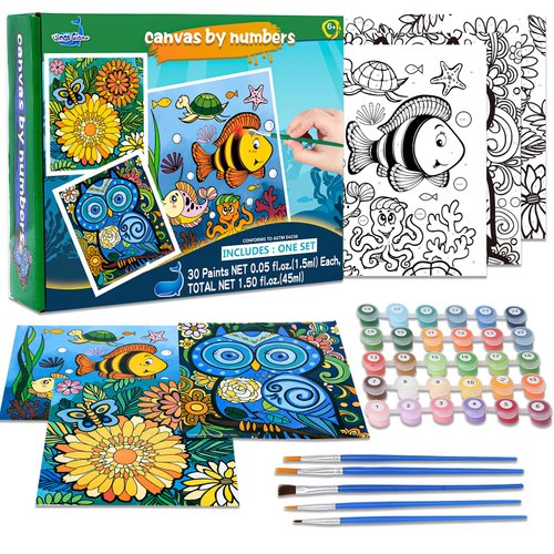 3 Pack Paint by Numbers for Kids Ages 8-12, Pre-Printed Acrylic Oil Painting, Includes (8x10, 8x9, 8x8 inch) Framed Canvas with 30 Acrylic Paint Pots, 5 Brushes for Kids, Art Supplies for Kids 9-12