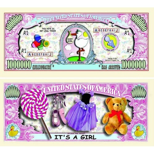 10 It's A Girl Million Dollar Baby Bills with Bonus “Thanks a Million” Gift Card Set