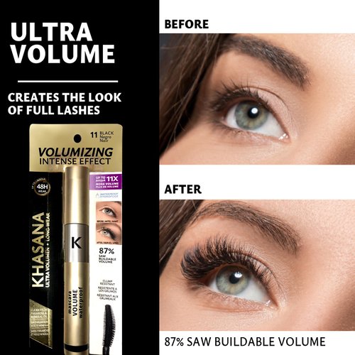 Khasana Ultra Voluminizing Intense Effect, Black Mascara for Extra-Volume, Waterproof & Long Lasting Formula, Clump Resistant Wand, 11X More Volume, Up to 48 Hrs Long Wear, Paraben Free. 1 Count