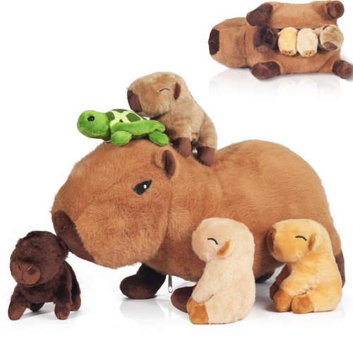 5 in 1 Capybara Plush, 14.2 Inches Capybara Stuffed Animal with Babies Inside Mommy Capybara Plush Pillow with 4 Baby Capybara Plushies Toys in Zippered Pouch for Kids Boys Girls Gifts Party Favors