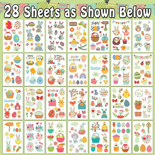 Partywind 28 Sheets (260 Styles) Glow Easter Tattoos for Kids Party Favors, Happy Easter Party Supplies for Boys and Girls, Easter Basket Stuffers Games for Egg Hunt