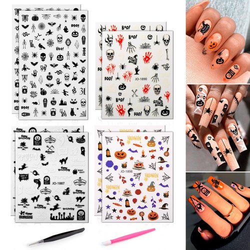 Vodolo Halloween Nail Stickers,8 Sheets 3D Self-Adhesive Halloween Decorations Nail Art Sticker Designs Cute Skull Ghost Pumpkin Spider Bat Nail Decals DIY Manicure Decor Supplies for Women Girls Kids
