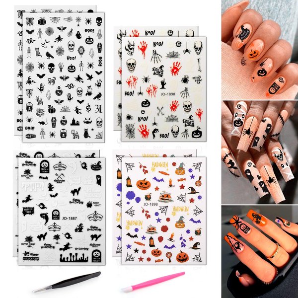 Vodolo Halloween Nail Stickers,8 Sheets 3D Self-Adhesive Halloween Decorations Nail Art Sticker Designs Cute Skull Ghost Pumpkin Spider Bat Nail Decals DIY Manicure Decor Supplies for Women Girls Kids