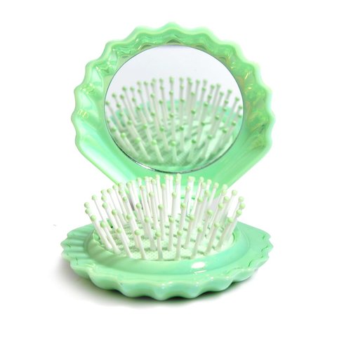 Maji Mama Foldable Travel Hair Brushes with Mirror Shell Shape Portable Folding Pocket Hair Brush Mini Hair Comb Compact Size Hair Massage Comb (Green)