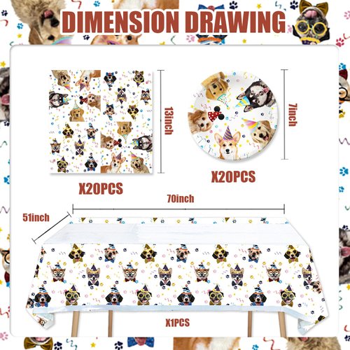 41pcs dog Party Supplies ,include 20 Plates, 20 Napkin and 1pcs Tablecloth,Used for Pet Dog Birthday Party Decoration (White dog HHH)