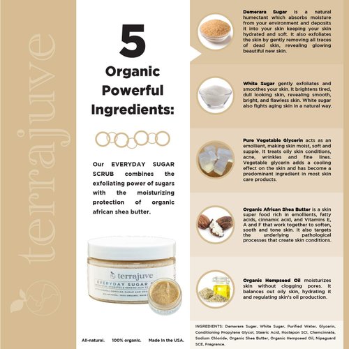 Terrajuve Sugar Scrub - Made of Demerara Sugar and Enriched with Raw Shea Butter Exfoliating Body and Face Scrub Hydrates, and Renews Skin to a Natural Shine Pure, Organic, Made in USA