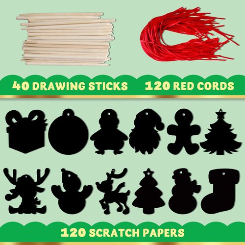 JOYIN 72 Pcs Christmas Scratch Art Ornaments, Rainbow Color Scratch Paper Craft Kit Include Snowman, Christmas Tree, and Reindeer, Scratch Off Hanging Ornament for Kids Party Favor